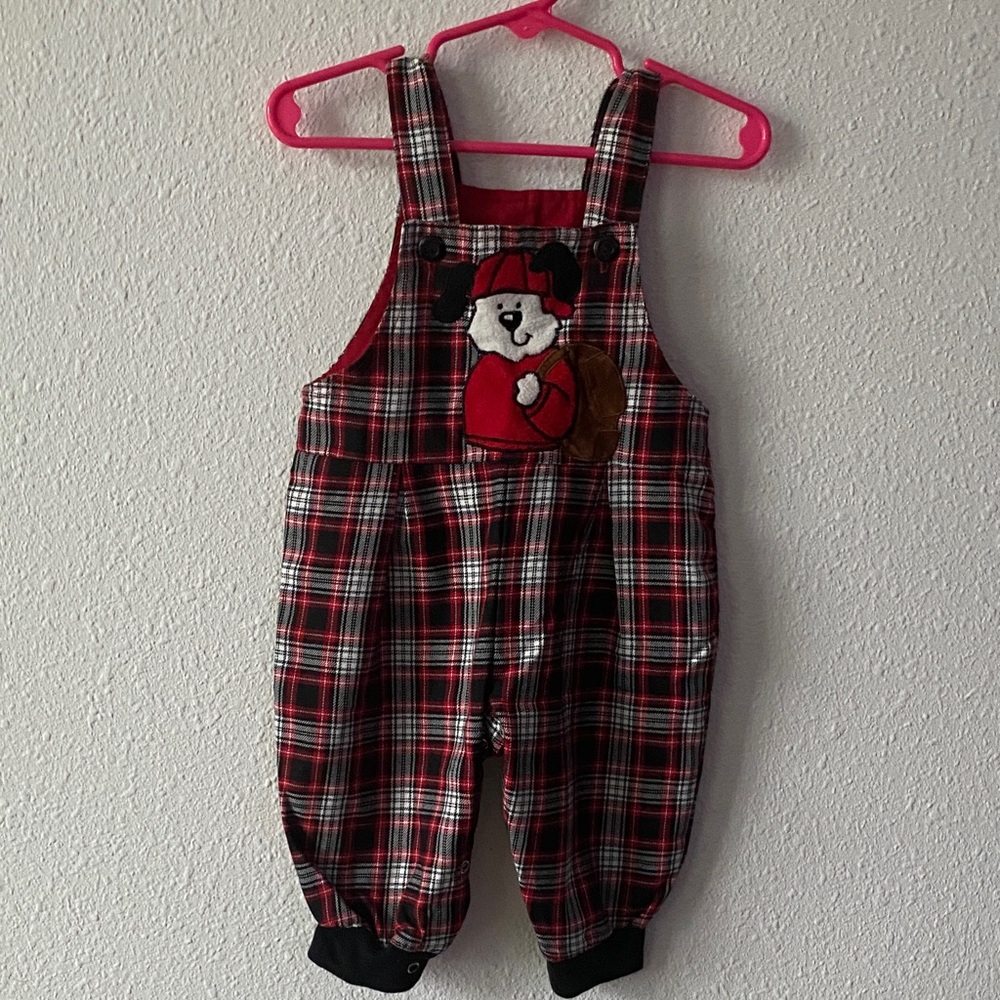 Red Plaid Baby Overalls with Puppy Patch